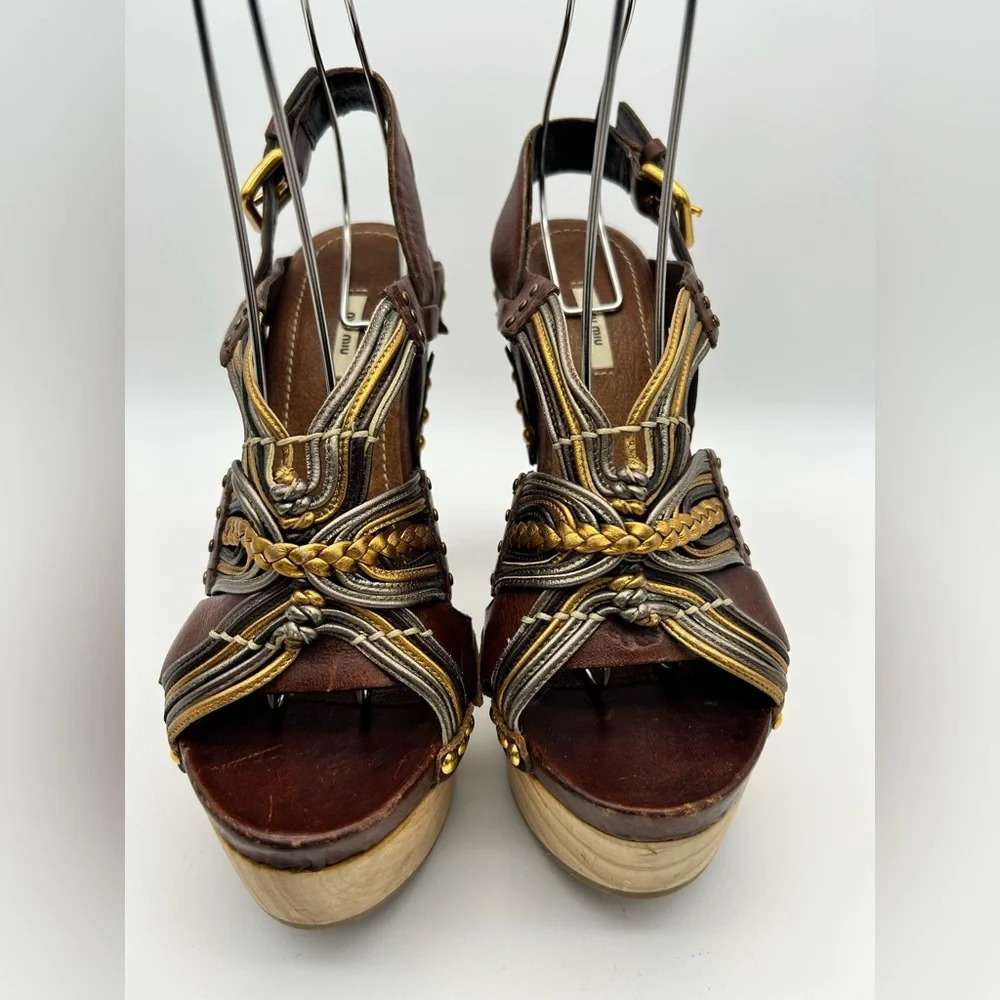 Miu Miu 36 Heel Sling Clog Wedge Platform Stud Brown Leather Wood Y2k boho tall - Picture 2 of 15